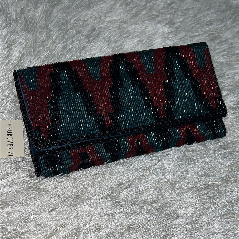 NWT RARE Forever 21 Art Deco Style Beaded Envelope Clutch Red Teal Black
